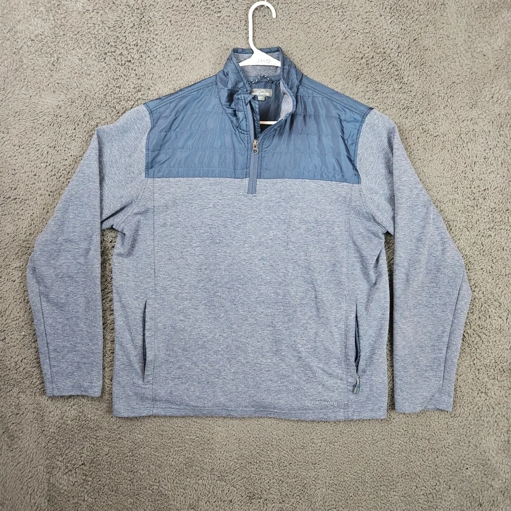 Eddie Bauer Mens Blue Heather Quilted Yoke 1/4 Zip Pullover Jacket Size Large